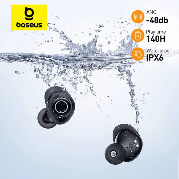 Auriculares sem fio Baseus com cancelamento de ruído de 48dB, Bluetooth 5.3, 140 horas de reprodução, à prova d'água IPX6 e design esportivo TWS